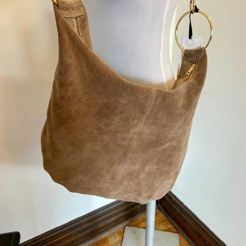 Marlon Borsa Art Rosita Italy Suede Leather Rings Taupe Hobo Tan Slouchy NEW - Picture 8 of 14